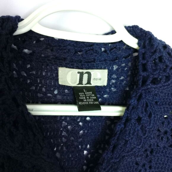⭐ One Step Up Girls Open Knit Crochet Short Slve Cardigan Sweater Navy Blu Large - Picture 4 of 5